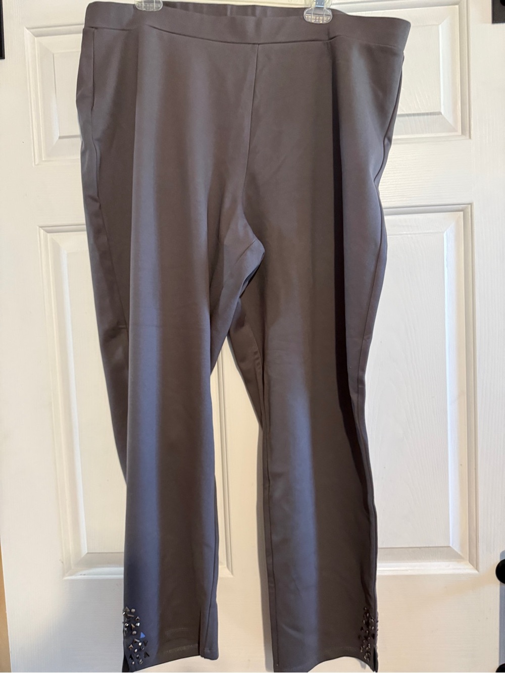 Ladies grey dress pants with bling at ankles- stretch fit.